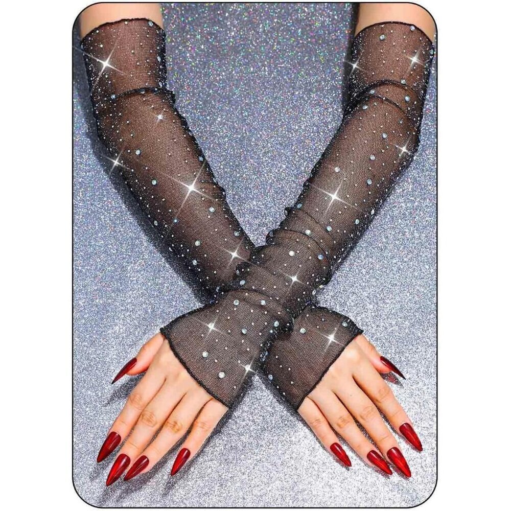 Women's Sparkly Rhinestone Long Gloves Fingerless Mesh Elbow Length Arm Sleeves